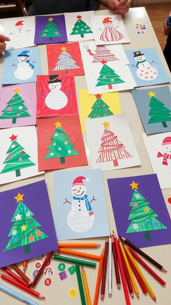 Handmade Christmas cards with various designs made by kids, surrounded by crafting materials.